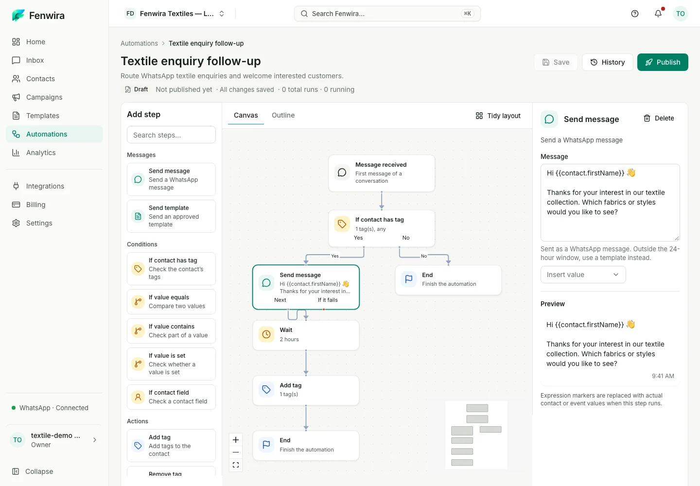 Fenwira Experience v2 automation builder. Captured Fenwira Experience v2 application; sample workspace data.